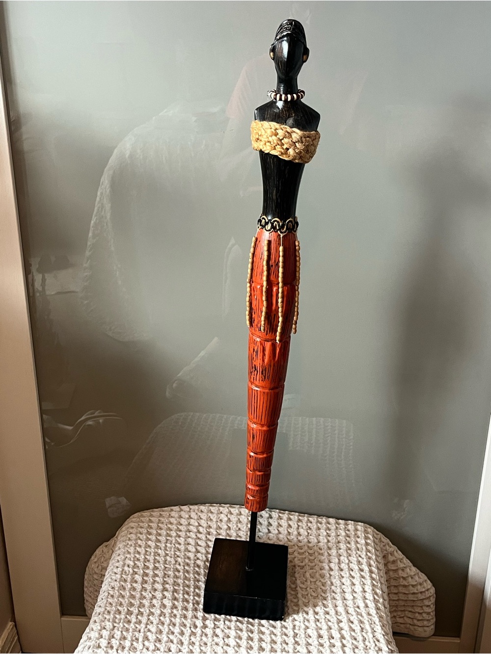 Tall Sculptural African Woman Figurine in Black and Orange